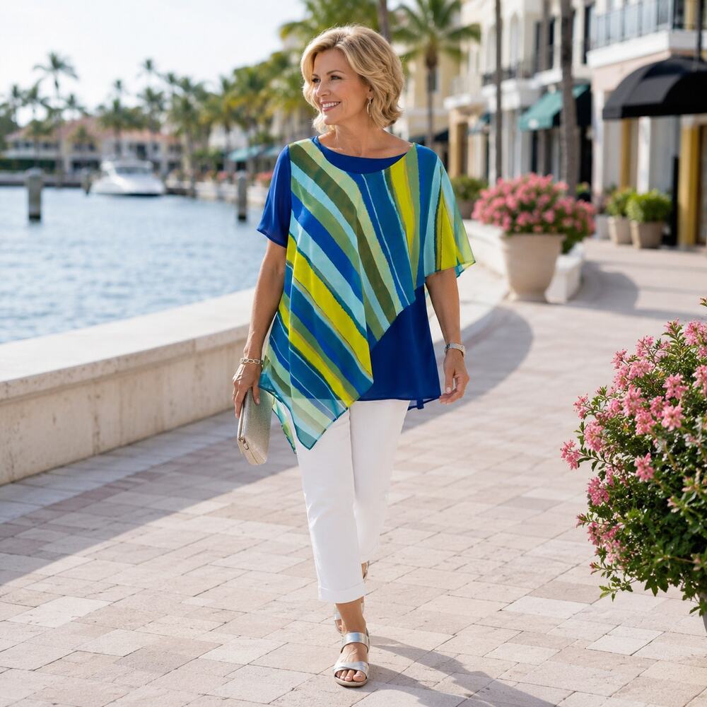 Susan Graver Liquid Knit Blue Green Chiffon Overlay Asymmetrical Tunic Top L